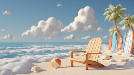 A beach scene with a chair and a beach ball