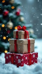 Stack of wrapped Christmas presents under snowfall, winter scene, christmas, season, presents