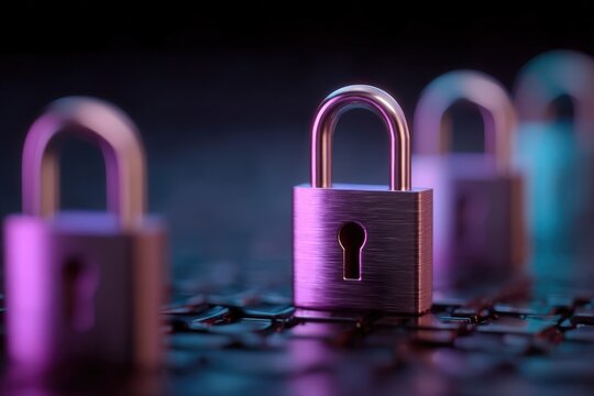 Secure locks arranged in a futuristic setting highlighting themes of digital security resilience and protection against cyber threats and unauthorized access captured with clarity