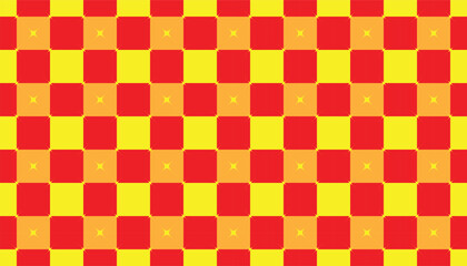 Fototapeta premium Seamless checkerboard pattern with alternating red and yellow squares, featuring subtle central X accents