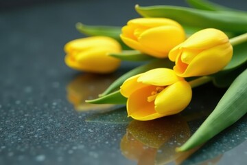 Obraz premium Three vibrant yellow tulips, reflected on sleek surface , image, leaves