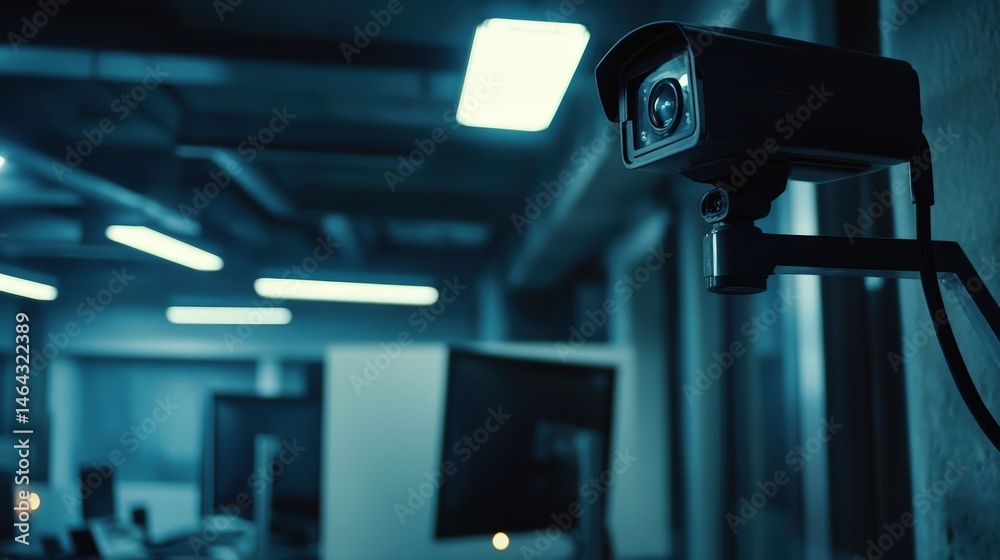 Poster high-tech security camera connected to a computer system, monitoring for unauthorized access