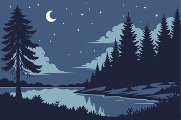 Naklejka premium 52 Night sky, starry constellation, twinkling stars, calm lake reflection, silhouetted pine forest, moonlit clouds, ethereal atmosphere, serene landscape, deep blue hues, starlight shimmer, tranquil w