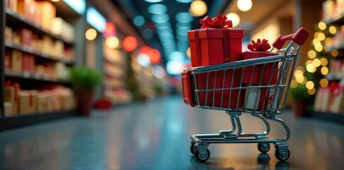 Xmas gifts neatly arranged in a physical shopping cart , gift box, green