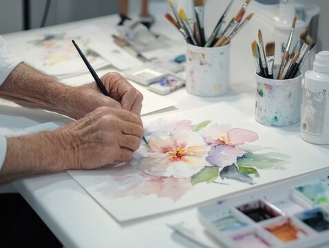 Elderly man teaching art class with watercolor tools for creative learning and skill development - Powered by Adobe