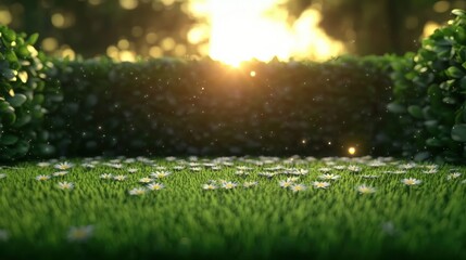 Obraz premium Serene sunset landscape with lush green grass and blooming shrubs illuminated by warm golden sunlight creating peaceful outdoor scene