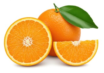Fresh oranges: whole, half, and slice on a white background with a green leaf