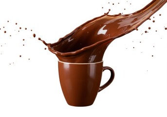 Chocolate splash overflowing from a brown mug on white background, studio shot