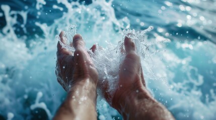 Hands Catching Water with Splashes in Calm Ocean Environment