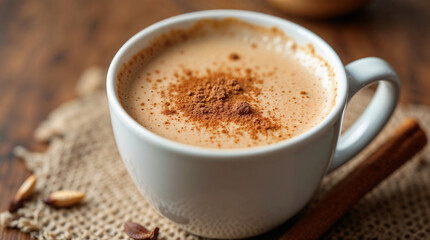 Aromatic chai latte sprinkled with cinnamon in a white mug