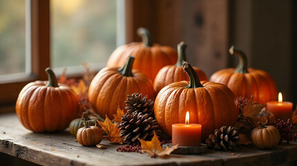 Warm autumn still life with pumpkins and candles on wood