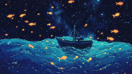 Boat sails on water under starry sky. Gold fish swim AI generative