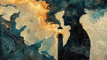 Abstract artwork featuring a figure and a lighthouse.