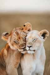 Lions Embrace in a Meadow Sunset Showing Tender Affection