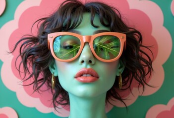 Obraz premium A stylish model with vibrant green skin wearing oversized sunglasses