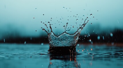 Close-up of a water splash creating a crown shape with droplets and ripples in a calm body of water du overcast weather with a blurred background