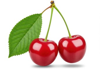 Two ripe cherries with stem and leaf isolated on white background