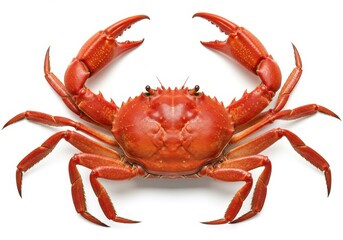 Cooked crab with claws raised on a white background, ready to eat or for seafood display