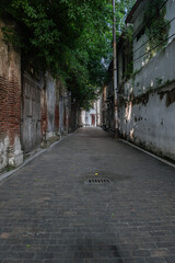An alleyway in one corner of the old city of Semarang, old buildings covered with trees create an ancient and historic feel
