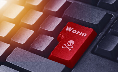 The worm virus button illustration on a black keyboard. Cybercrime button illustration