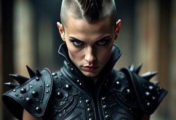 Naklejka premium Intense portrait of a woman with a mohawk hairstyle and spiked leather jacket