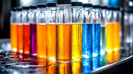 A row of test tubes filled with different colored liquids