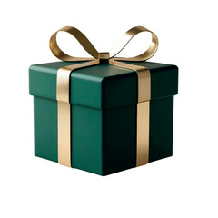 3D vector illustration of a green gift box with a golden bow for Christmas isolated on a white background. A Christmas gift. The texture of gold. For banner design, social media, and wallpaper