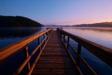 Naklejka premium Wooden Pier Leading to Calm Lake at Sunrise with Misty Water