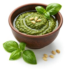 Bowl of pesto sauce and fresh basil isolated on white