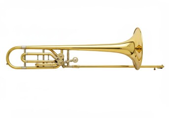 Fototapeta premium Brass trombone on white background, musical instrument for orchestra