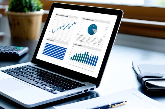 Business professional analyzing financial reports and stock performance charts on laptop in office