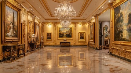 A luxurious art gallery with gold-accented walls and grand chandeliers, showcasing high-value artworks from legendary painters