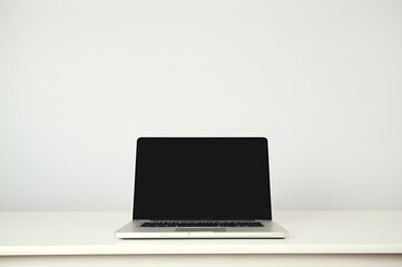 Fototapeta premium Laptop open on simple desk against clean wall suggesting focus and content creation