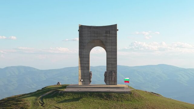 Drone Footage of Arch of Freedom Monument Above Beklemeto Pass in Bulgaria Scenic Mountain Viewpoint Near Troyan
