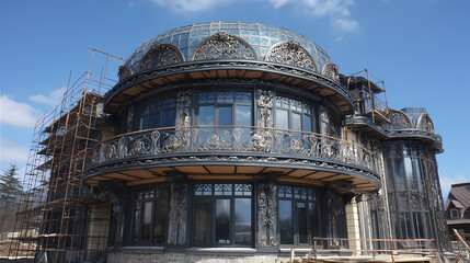 Explore Art Nouveau mansion under construction showcasing ornate architectural details and elegant heritage-inspired timeless facades