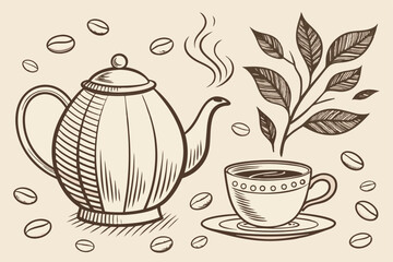 55 Vintage tea illustration, hand-drawn teapot and cup, sepia tones, coffee beans, steam wisps, green tea leaves, textured paper background, ink sketch style, warm muted colors, detailed linework, nos