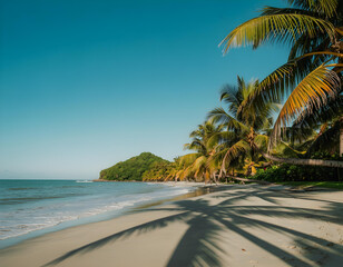 exotic vacation destination with palm-lined beach and mountain silhouette against tranquil turquoise ocean waters
