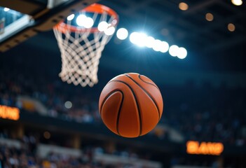 A basketball in mid-air approaching the hoop during a game