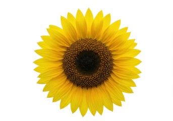 Fototapeta premium Isolated sunflower head with bright yellow petals and a dark brown center on a white background