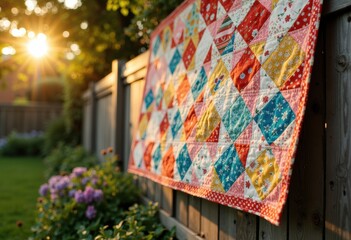 Colorful quilt hanging on a wooden fence in a sunlit garden