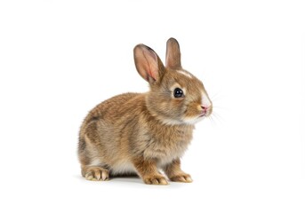 Obraz premium Adorable brown rabbit sitting upright on a white background looking directly at the camera