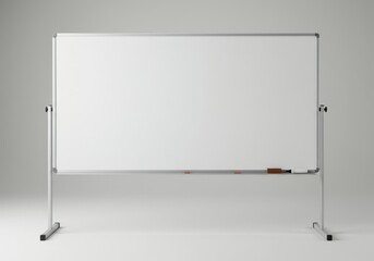 Blank whiteboard on a metal stand with an eraser and marker ready for use in an office or classroom setting