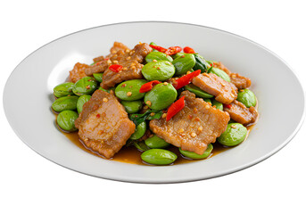 Fototapeta premium Delicious StirFried Pork with Bitter Beans Recipe isolated on transparent background