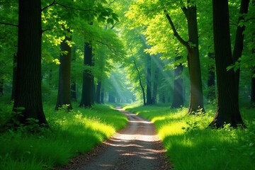 Obraz premium Footpath through lush green forest, dappled sunlight, trail, calm, walk
