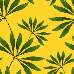 seamless pattern of tropical branches with leaves with yellow background
