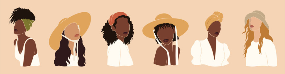 set of summer illustrations, abstract no face portraits of boho women, beautiful girls in hats, head scarves, isolated vector