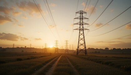 Fototapeta premium Artistic wide shot of electric power lines cutting across the countryside during sunset, soft glow on the cables, tranquil and slightly nostalgic mood
