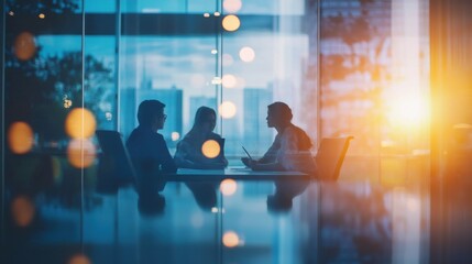Silhouette of professionals in reflective conference room brainstorming ideas