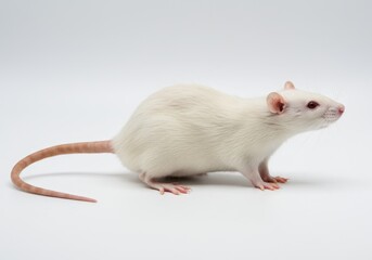 Side view of a white laboratory rat with pink eyes and tail against a white background