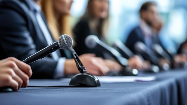 Close-up of a microphone at a press conference with blurred businesspeople in the background